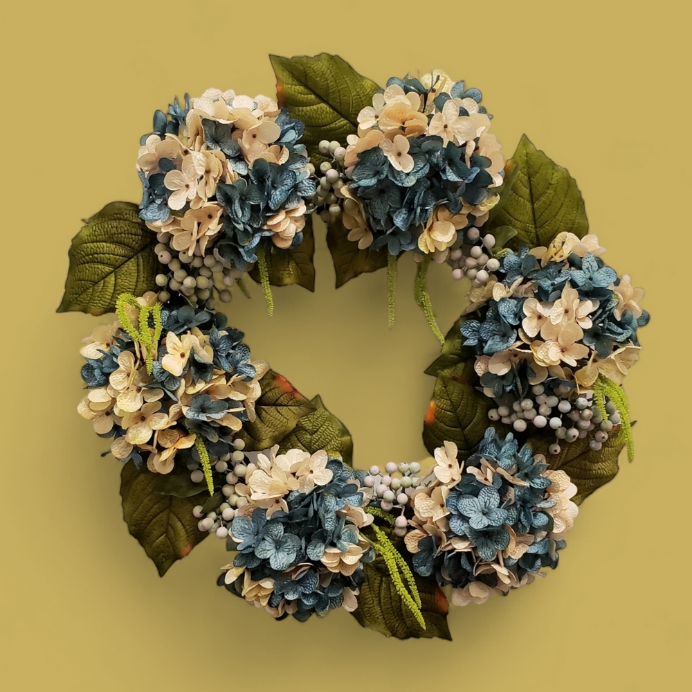 Blue Blended Hydrangea and Berries Grapevine Door Wreath Handmade
